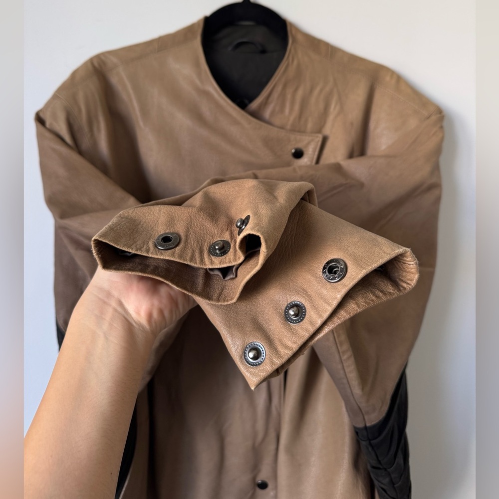 Mango Vintage Two Tone Leather Bomber Jacket - Size 6 - Picture 7 of 15